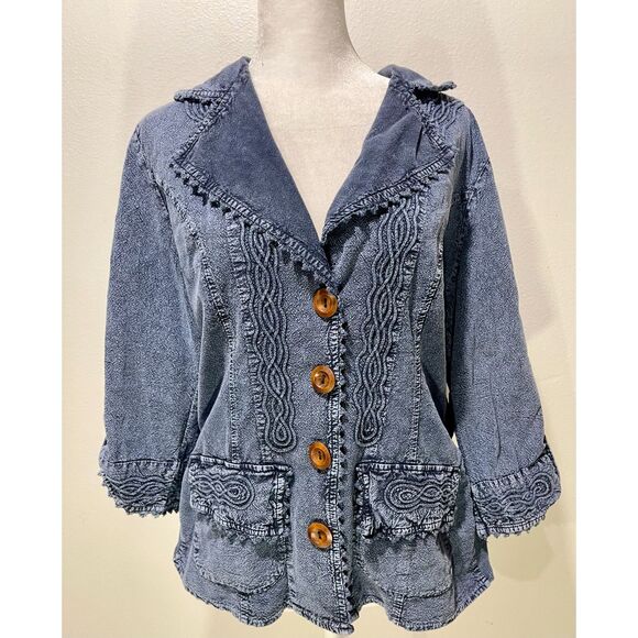 Women's Blue Jean Jacket with Wooden Buttons - Picture 1 of 6